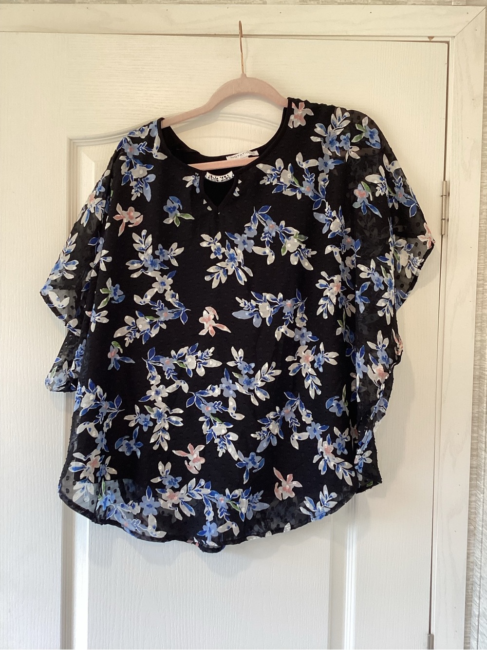Notations Black Floral Sheer Blouse with Blue and Pink Print 2X EUC